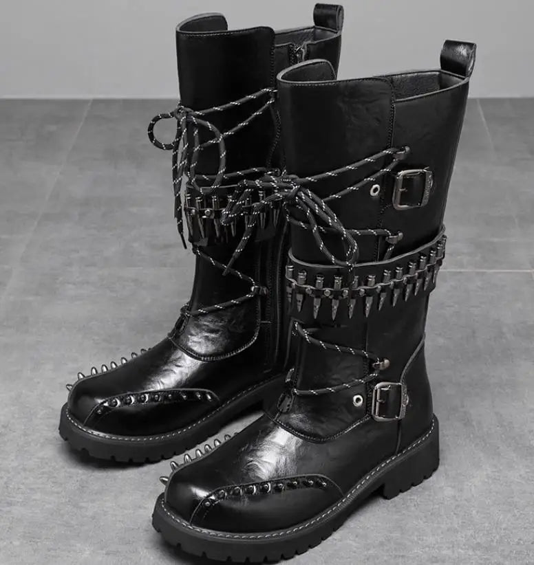 Round Toe Metal Decorations Belt Buckle men Boots Thick Sole Flats Black Zipper Fashion Punk Gothic  Equestrian Motocycle Boots