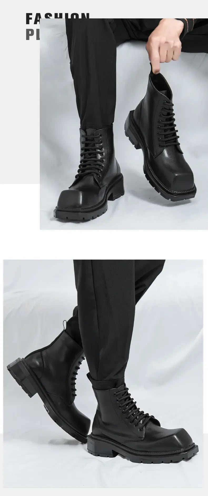 Large Men's Autumn High Top Casual British Motorcycle Shoes, Retro Trendy Brand Height Increasing Big Head Leather Boots