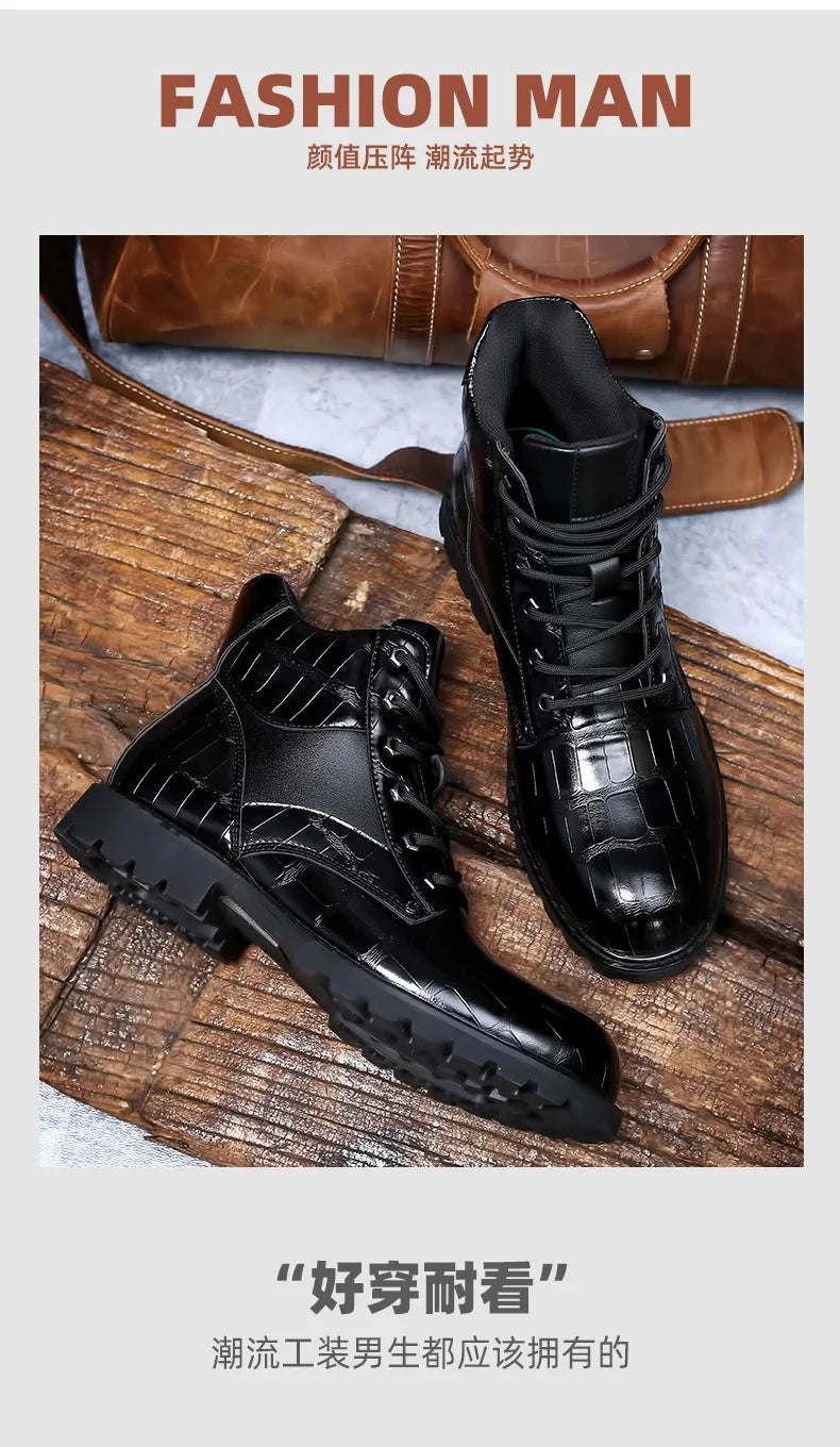 Size 38-48 Classic Design New Men's Ankle Boots Handsome Thick Sole Patent Leather Crocodile Lines Men's Short Motorcycle Boots