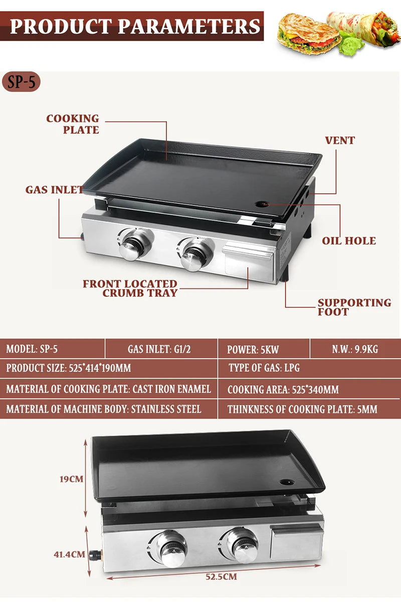 2 Burners Grill LPG BBQ Griddle for Commercial Non-stick Iron Plate Enamel Cooking Barbecue Steak Outdoor Grill Camping Cooking