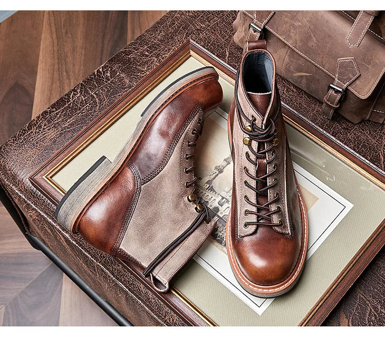 Retro Leather Men Motorcycle Boots High Top Motorbike Riding Boots Fashion Comfortable Ankle Boots Trekking Outdoor Shoes Brown