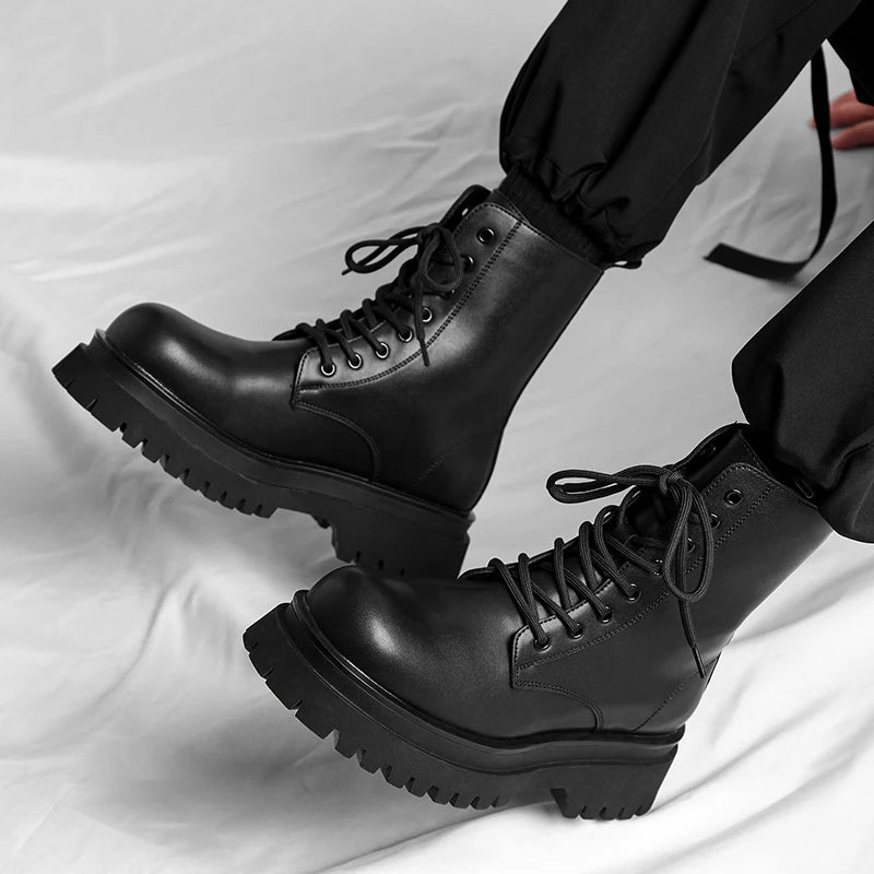 British style men luxury fashion platform boots lace-up genuine leather shoes cowboy chunky boot handsome high motorcycle botas