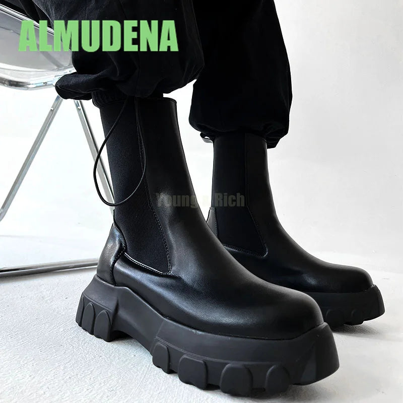 Thick Soled Chelsea Boots Men's Trendy High Top Boots Retro Handsome Motorcycle Boots Versatile Ankle Boots and Short Boots