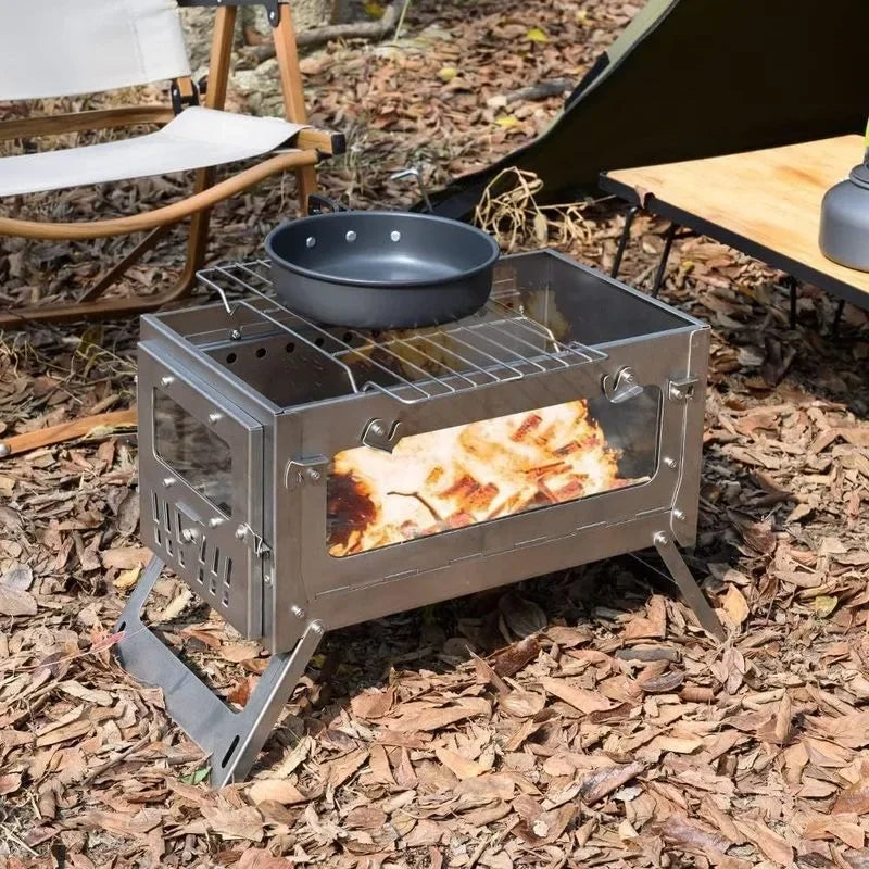 Stainless Steel Portable Tent Stove Foldable with Side Glass Chimney Burner Camping Wood Stove Heating Cooking Grill