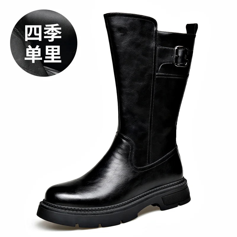 Tall Boots for Men Made of Leather with Increased Height and Soft Sole Western Cowboy Plush Insulation Knight Ankle Riding