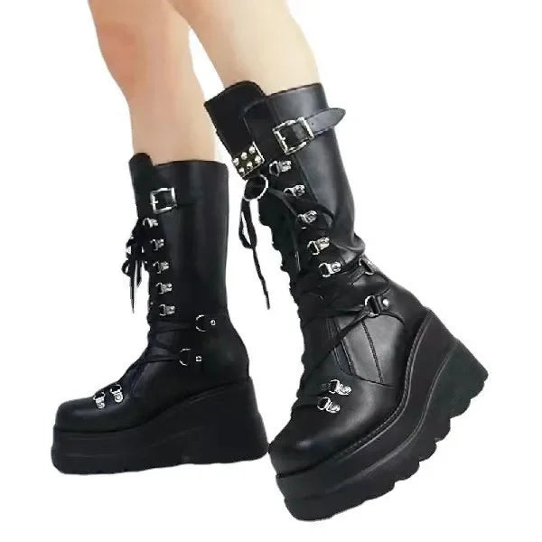 Women High Boots Cosplay Mid-calf Boots High Platform Wedges Boots 2025 Autumn Winter New Designer Gothic Shoes for Women Botas
