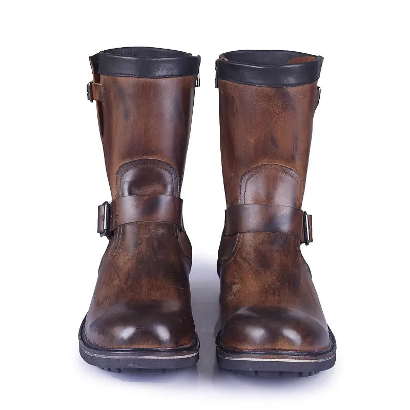 Vintage Mens Cowhide Genuine Leather High Top Engineer Boots Buckle Round Toe Motorcycle Riding Boots Zipper Work Safety Shoes