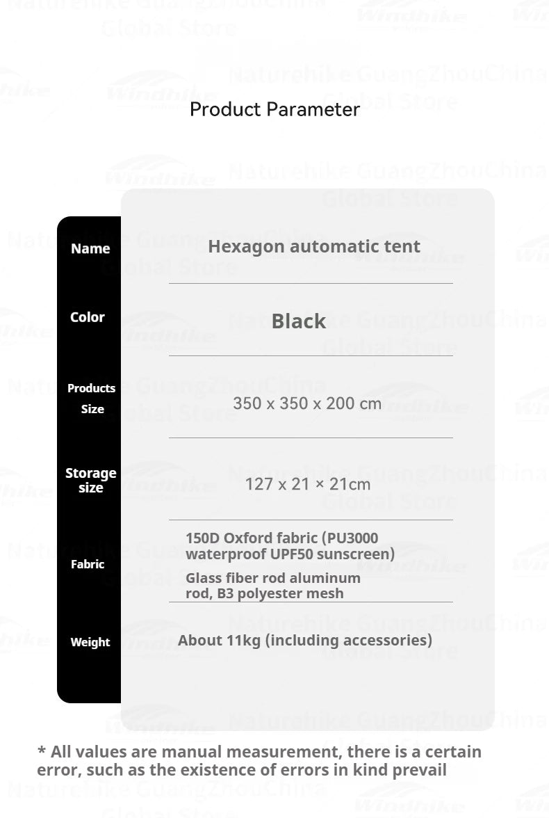 Naturehike Blackdog Automatic One-touch Tent Outdoor Camping Hexagonal Dome Tent Quick Open Waterproof Black Coated Sunscreen