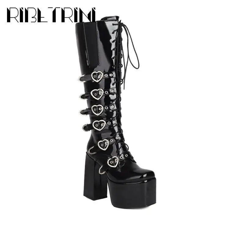 Cool Women Motorcycle Boots High Heeled Knee High Sassy Platform Shoes Lace Up Zip Luxury Designer Brand Winter Street Booties