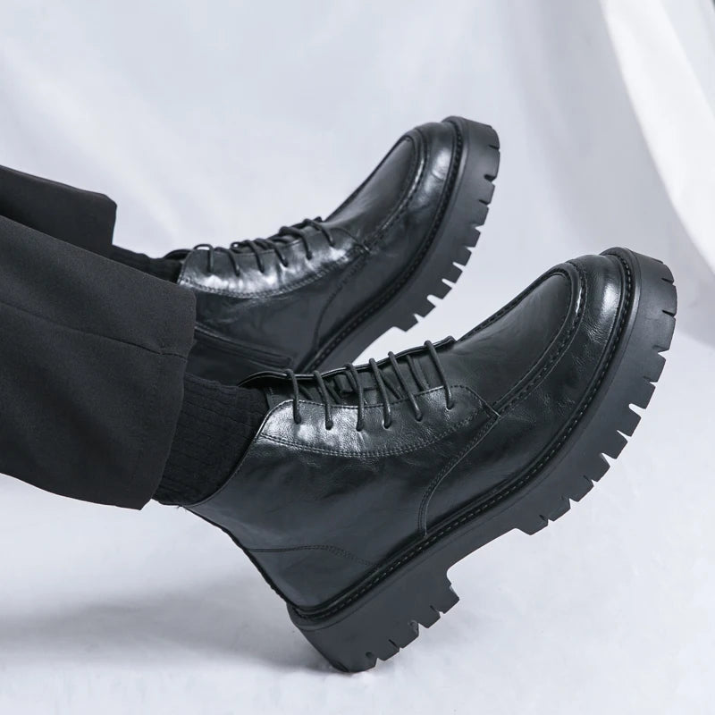 Fashion Men's Genuine Leather Casual Shoes Classic Outdoor Workwear Shoes Men's Motorcycle Boots Handsome Height Increasing