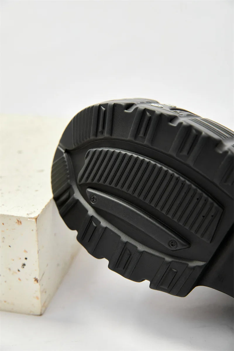 2025 New Punk Style Women Black Rock Metal Decor Lace-up Heel Height Platform Shoes Gothic Man Sneakers Women Ankle Boots