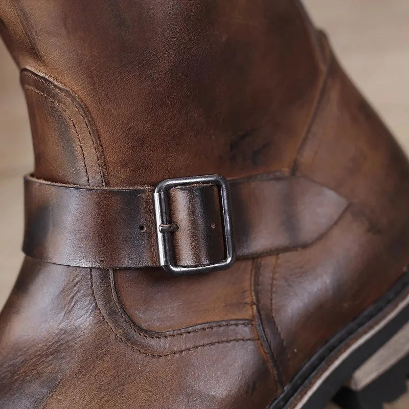 Vintage Mens Cowhide Genuine Leather High Top Engineer Boots Buckle Round Toe Motorcycle Riding Boots Zipper Work Safety Shoes