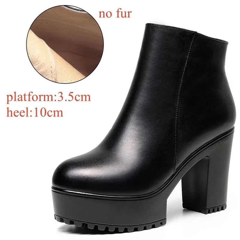8cm 10cm Small Size 33-43 Thick Bottom Platform Shoes Ankle Boots with Fur 2024 Block High Heels Genuine Leather Boots Office