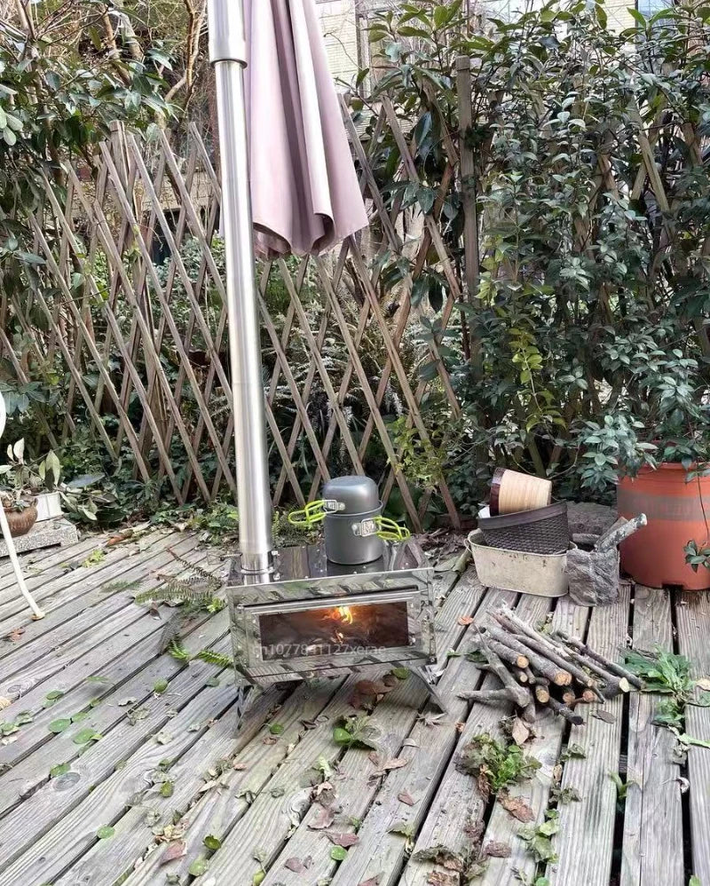 Outdoor tent camping, heat-resistant glass observation stove, portable foldable stainless steel winter heating wood stove