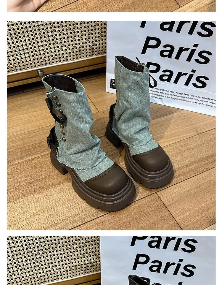 Fall Student Fashion Ankle Boots New Canvas Cowboy Shoes Women's Outdoor Platform Boots Luxury Designer Brand Motorcycle Boots