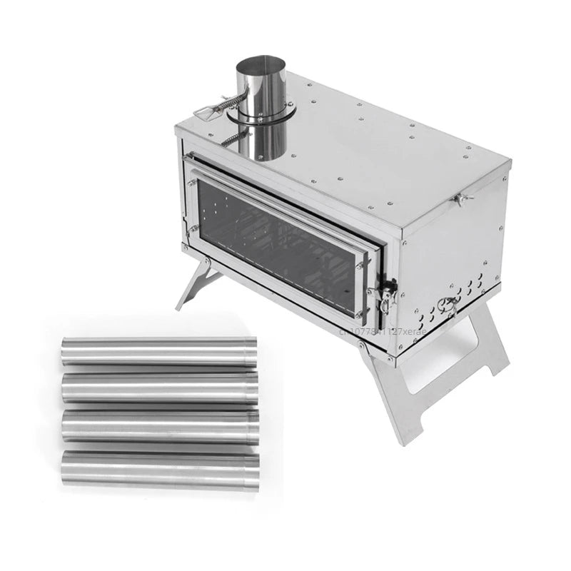 Outdoor tent camping, heat-resistant glass observation stove, portable foldable stainless steel winter heating wood stove