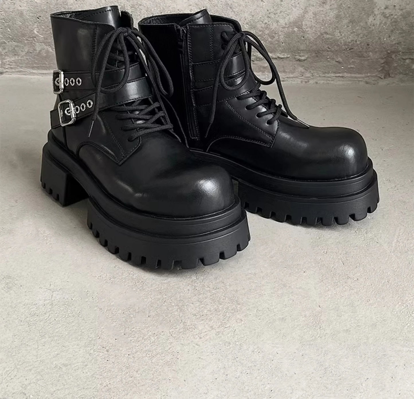Height increased by 7CM short leather boots for men's dark punk functional motorcycle boots commuting buckle work clothes shoes