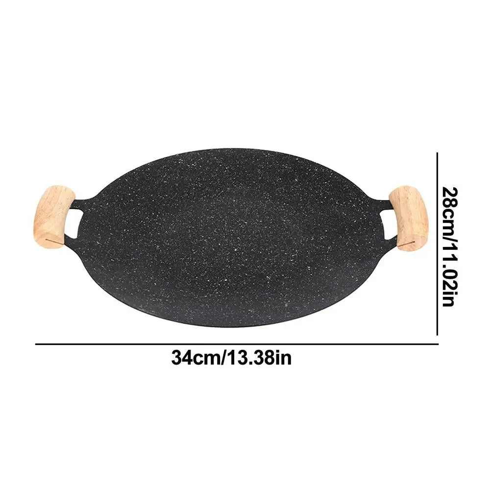BBQ Grill Pan Non Stick Cast Iron Baking Pan Frying Pan with Wooden Handle Griddle Grill Pan Camping Stove Plate outdoor cooking