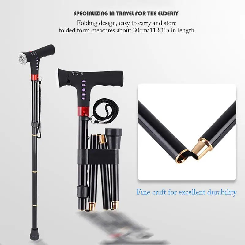 CollapsibleTelescopic Cane Cushionable Handle Elder Cane LED With Alarm Walking Trusty Sticks Crutches For Disabled And Elderly