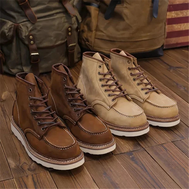 1907 Vintage Unisex Men Shoes Ankle Boots Handmade Autumn Winter Cow Leather Shoes Wings Round Toe Tooling Motorcycle Boots