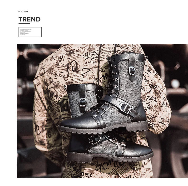 Retro Mid-Carf Punk Boots Winter Men's Plus Velvet Motorcycle Boots All-match Tooling Shoes Denim Mid-high Boots Men botas mujer