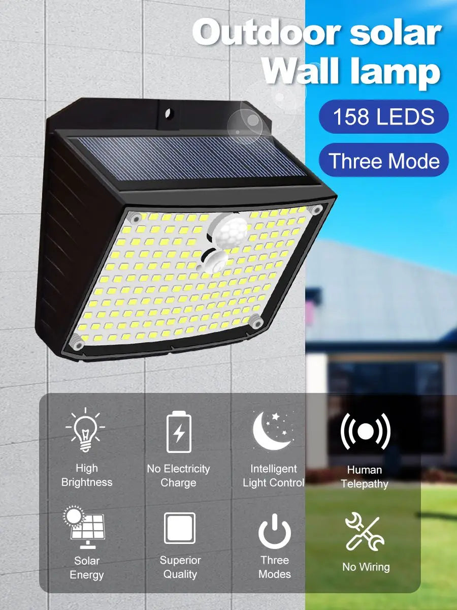 Solar Lights Outdoor 158 LED Solar Wall Lamp Waterproof Wireless Motion Sensor Security 3 Modes Garden Fence Yard Deck Garage