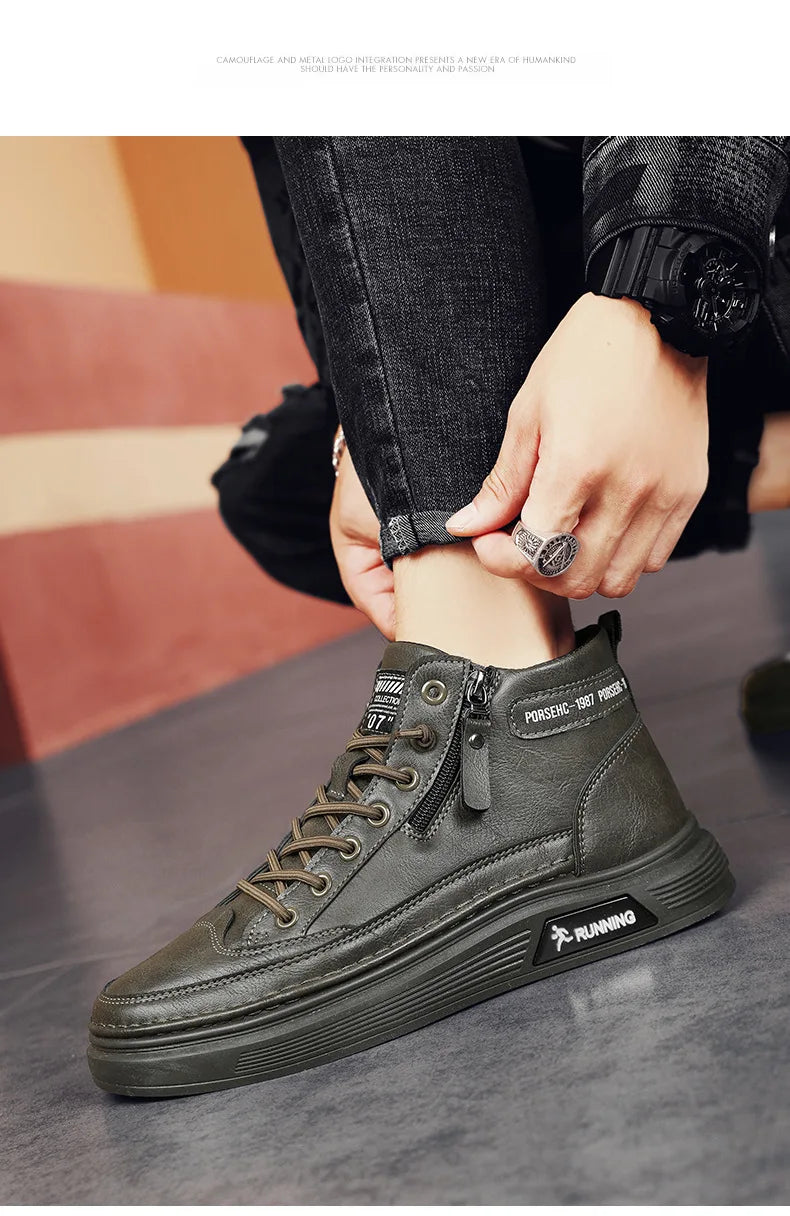 Leather Boots for Men Zipper Man Sneakers Fashion Ankle Boots High Top Man Boots Solid Sports Shoes 2024 Trend Motorcycle Boot