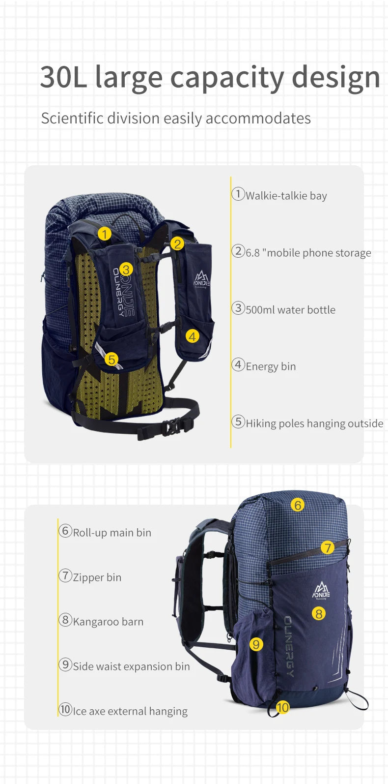 AONIJIE 30L Large Capacity Outdoor Climbing Backpack Camping Daypack Travel Bag For Hiking Trekking Mountaineering