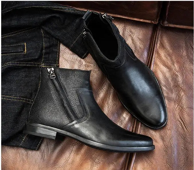 2026 Spring Autumn Ankle Boots Fashion Male Cow Genuine Leather Shoes Dual Zip Leisure Leather Boots Motorcycle Shoes Boys A049