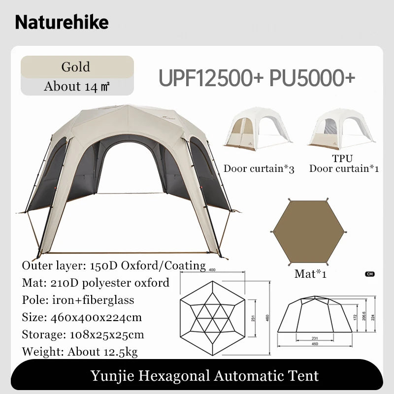 Naturehike Hexagonal Awning Tent Quick Opening Canopy Sunscreen Canopy PU5000 Sunshade Tent Outdoor Camping Travel Tarp Chimney