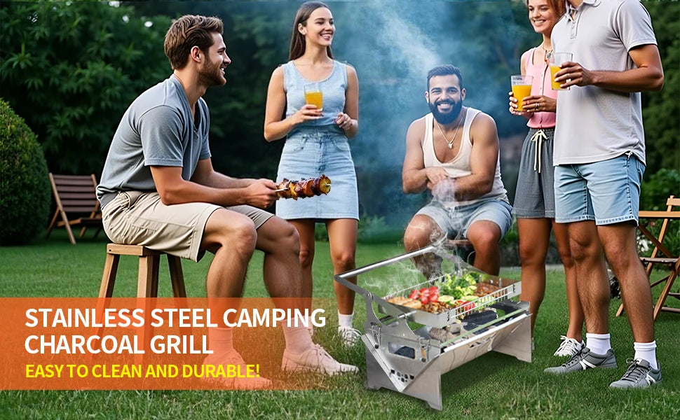 New Upgrad Stainless Steel Grill Portable 360°Rotating Charcoal Grill with Flipping Basket