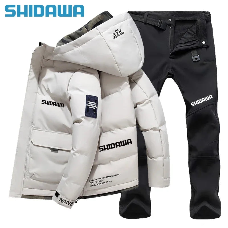 New Men suit Autumn Winter Warm Fishing Clothes Set Casual Thickened Hooded Down Cotton Jacket + Fleece Waterproof Fishing Pants