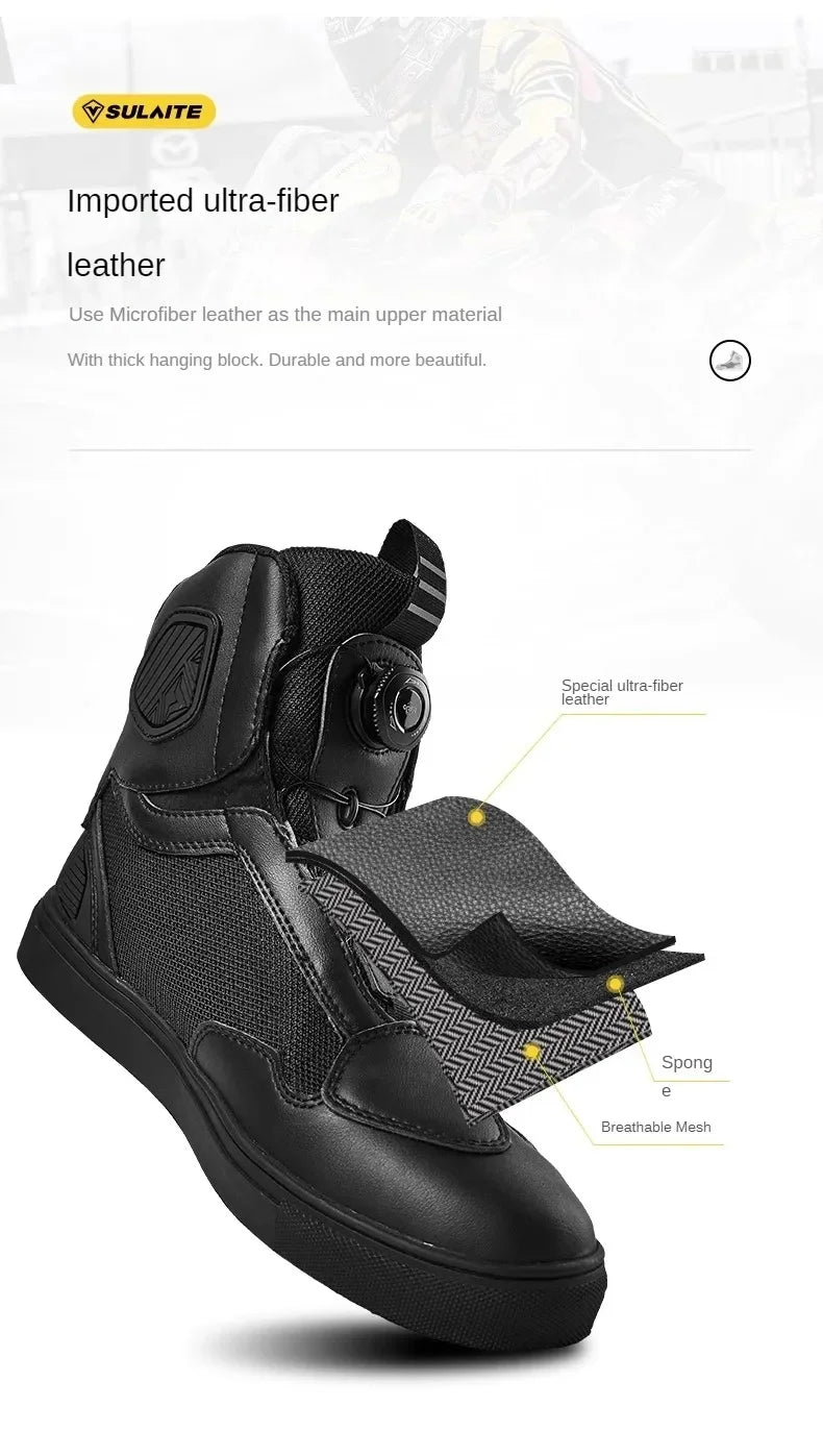 Sulaite Motorcycle Boots Men Waterproof Motorcyclist Boots Black Leather Motocross Boots Breathable Moto Biker Shoes