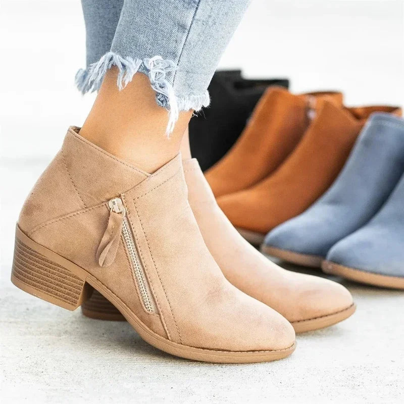 Women's Ankle Boots Autumn New Round Toe Side Zipper Women's Boots Platform Heel Large Size Fashionable Women's Leather Boots