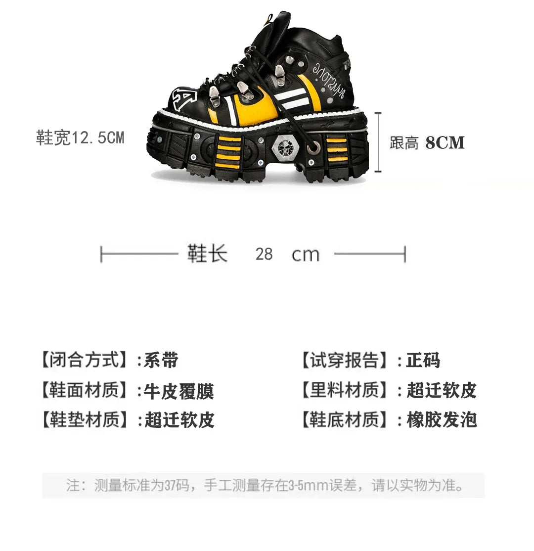 Fashion Men's Genuine Leather Punk New Motorcycle Boots Spanish Tank Metal High-Top Platform Women Handmade Ankle Shoes