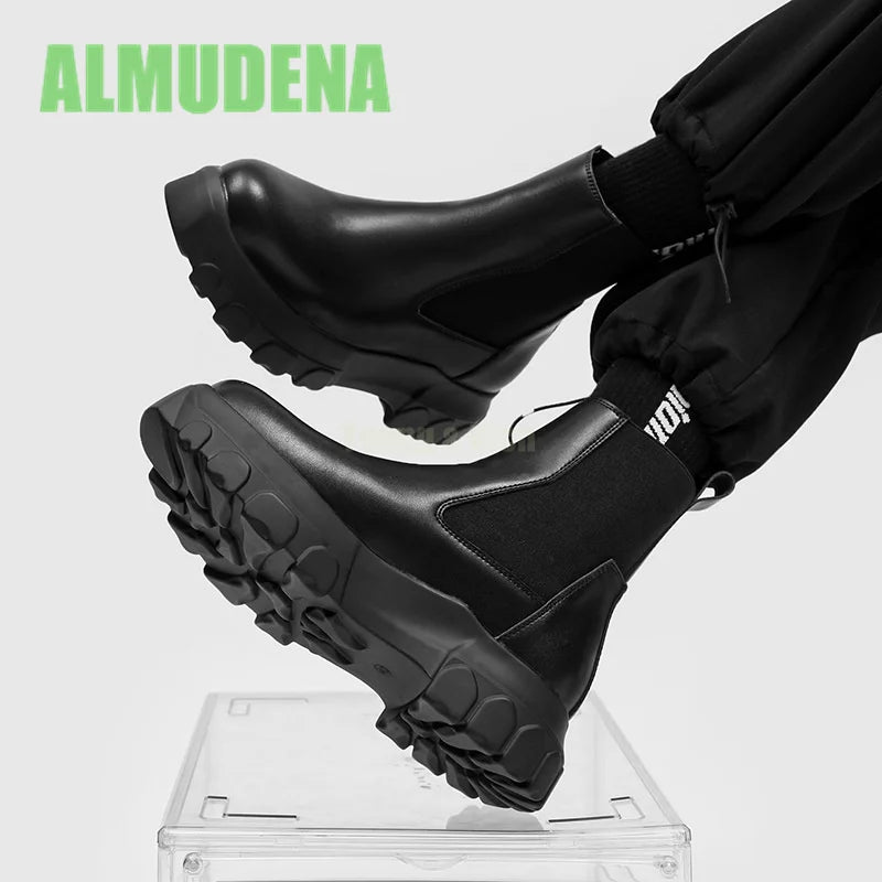 Thick Soled Chelsea Boots Men's Trendy High Top Boots Retro Handsome Motorcycle Boots Versatile Ankle Boots and Short Boots
