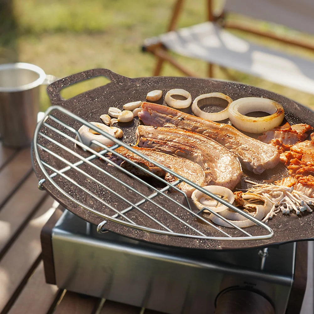 Stainless Steel Semi-Circular Oil Drain Rack Anti-Scorching Non-Stick Grill Rack for Outdoor Camping Barbeque Frying Pan Baking