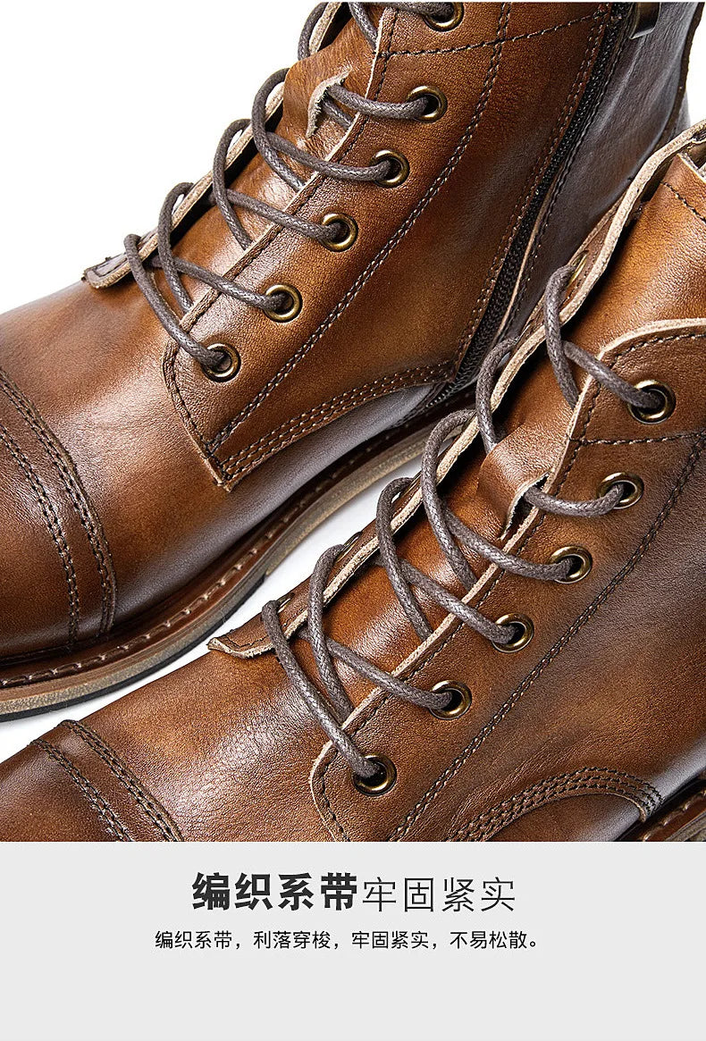 EU Size 38-44 Motorcycle Boots Men Cowhide Motorbike Ankle Boots Thick Soled High Top Western Work Boots Fashion Leather Shoes