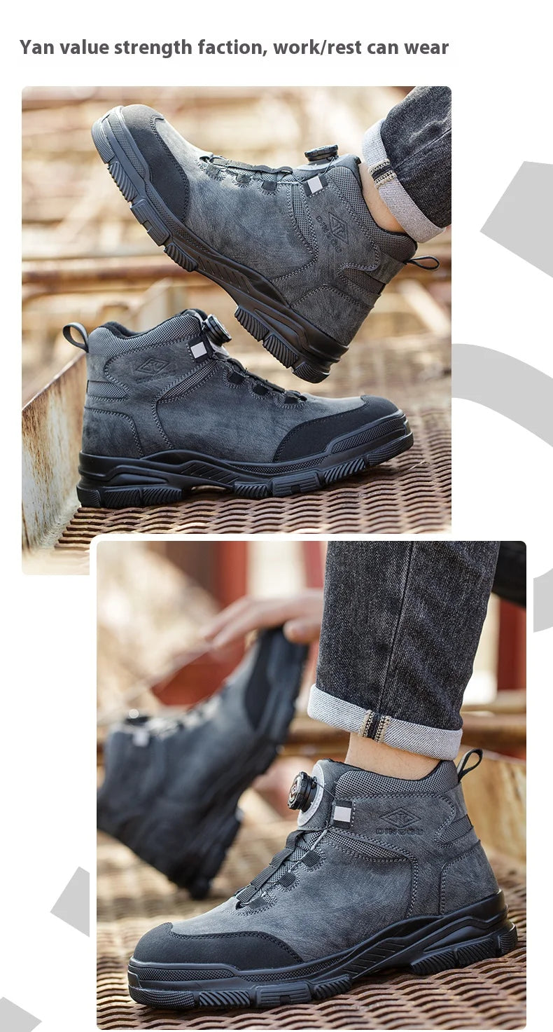 Rotating Buttons Work Boots Men Steel Toe Shoes Safety Boots Puncture-Proof Protective Shoes Waterproof Indestructible Shoes New