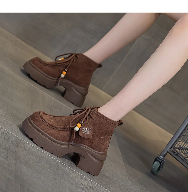 Fujin 8cm Platform Boots for Women Ankle Boots Fall Winter Riding Motorcycle Fashion Shoes Booties Short Boots Genuine Leather