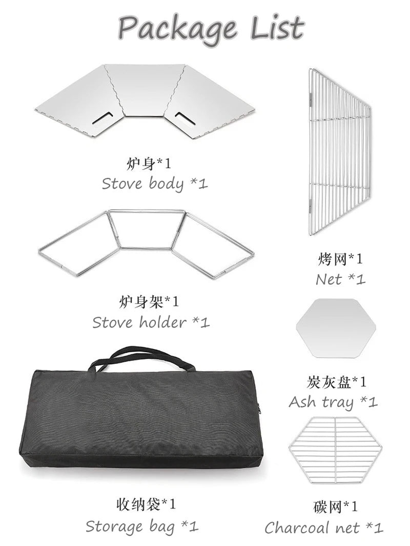 Outdoor Folding Stainless Steel Grill Barbecue Rack Detachable Charcoal Stove BBQ Grill Lightweight Brazier Foldable Hibachi