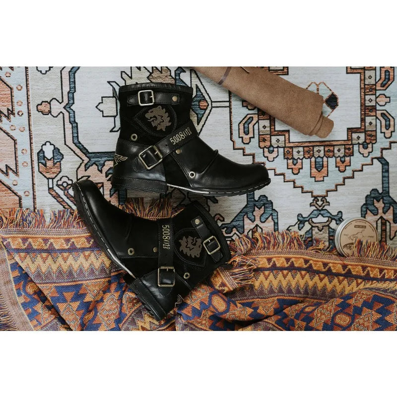 Fashion Men's Shoes Boots Warm Leather Vintage Motorcycle Male Boots Riding Retro 2024 Metal Style Zippers Men's Shoes
