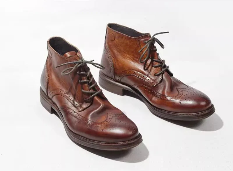 Casual Handmade Vintage Cowhide Genuine Leather Short Boots Men Carving Design High Top Cargo Shoes Men Lace Up Motorcycle Boots