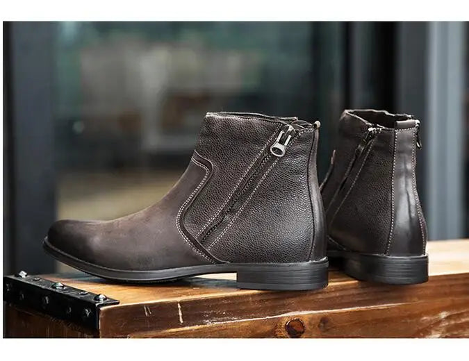 2026 Spring Autumn Ankle Boots Fashion Male Cow Genuine Leather Shoes Dual Zip Leisure Leather Boots Motorcycle Shoes Boys A049