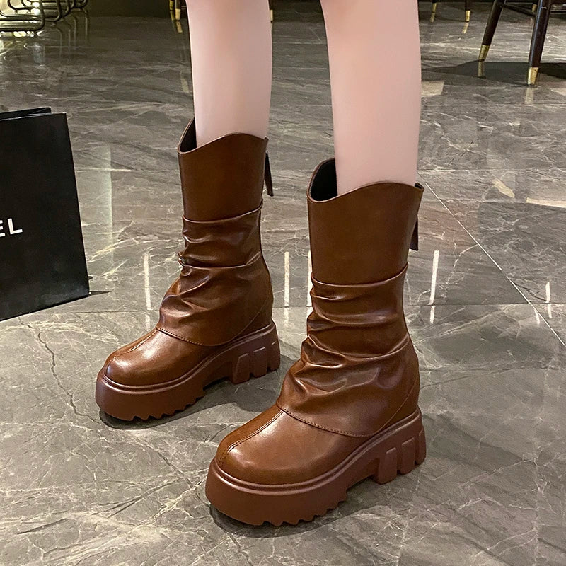 9CM Women Mid Calf Boots Autumn Winte Soft Leather Motorcycle Boots High Platform Square Heels Ladies Chunky Shoes Botas Mujer