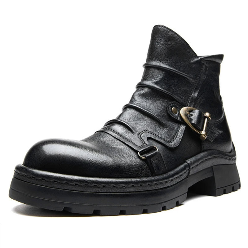 Brown Leather Motorcycle Boots Mens Round Head High Top Motorbike Boots Quality Moto Riding Shoes Thick Soled Summer Winter