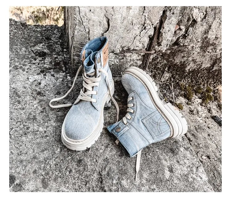 Retro Ankle Boots for Women's Lace Up Thick Sole Shoes Female Round Toe Short Boots Work Dress Western Denim Boots Shoes women