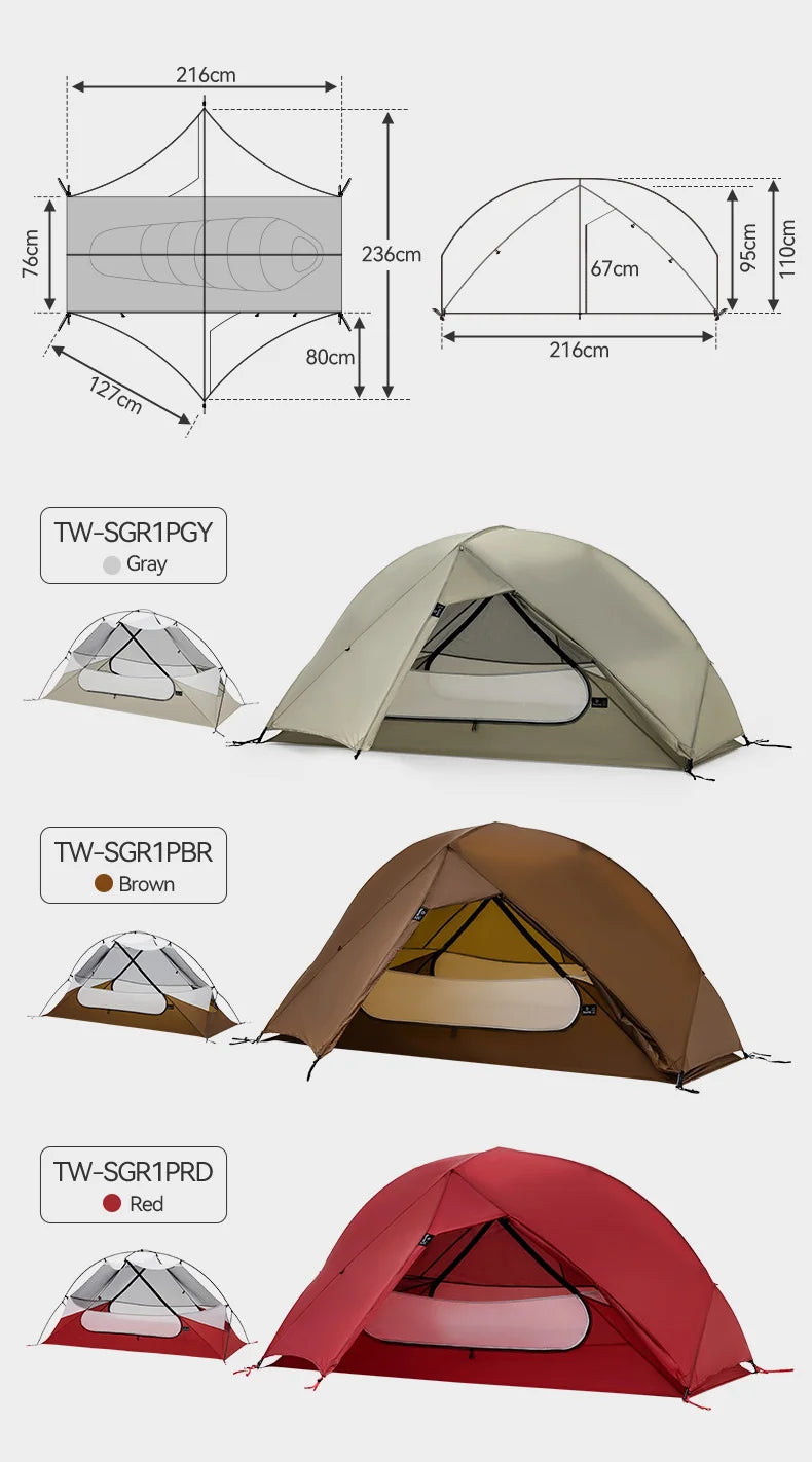 Thous Winds SGR 1-Person Backpacking Tent, 3-Season Ultralight Hiking Tent, 15D Nylon Ripstop Both Side Silicon Camping Tent