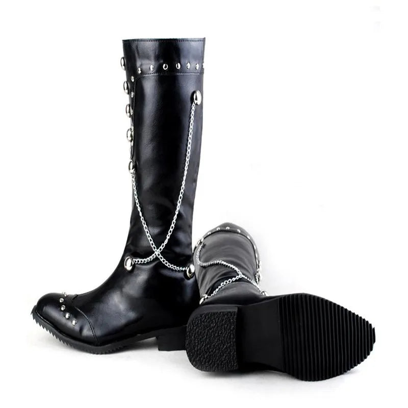 Men Motorcycle Leather Boots,Black Fashion Stage Boots Punk Over Knee High Boots Waterproof Snow Boots Equestrian Gothic Boots