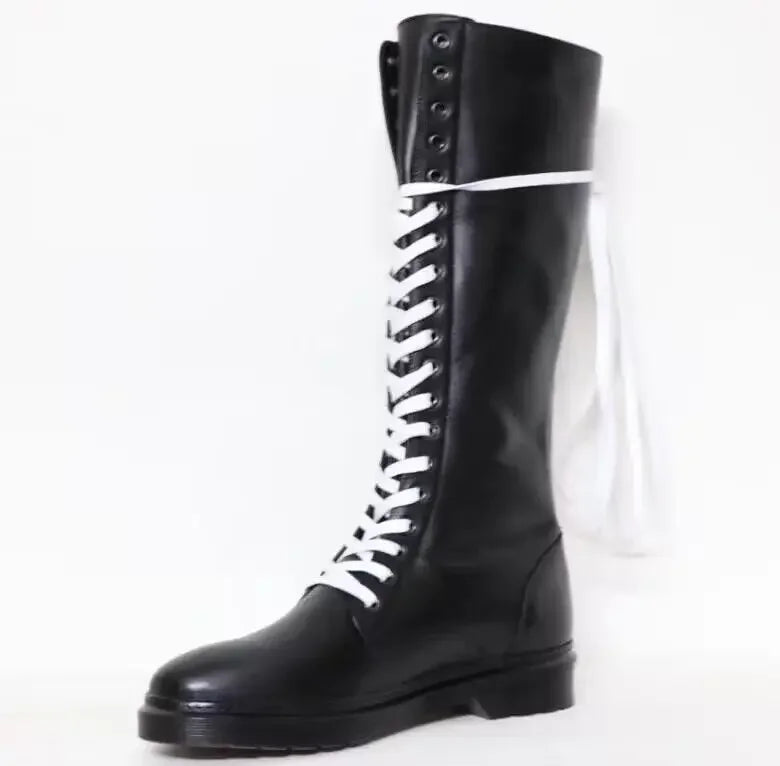 Lace Up Cowhide Knight Boots for Men Black Genuine Leather High Boots Back Zipper Over The Knee Motorcycle Boots Winter Shoes